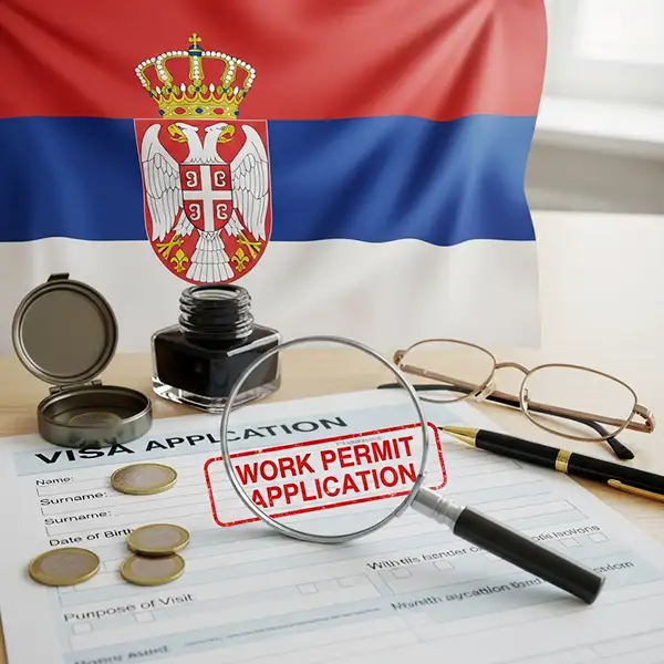 Work permit application with a Serbian flag